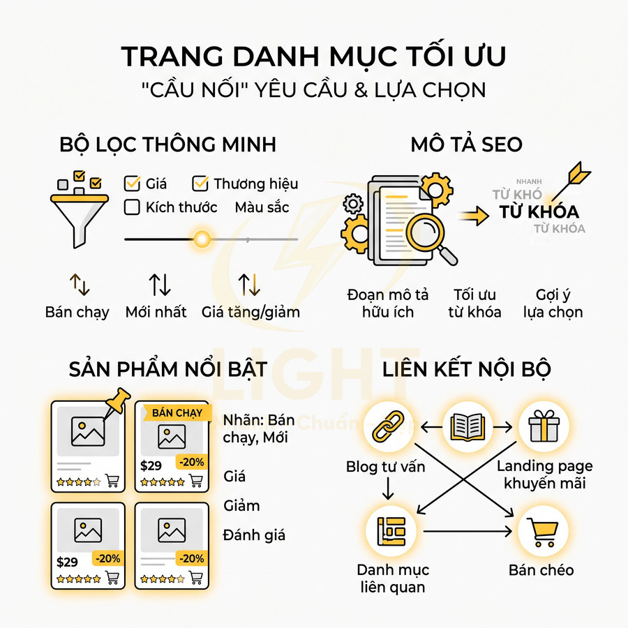 Infographic hướng dẫn tối ưu trang danh mục sản phẩm với bộ lọc thông minh, mô tả SEO, sản phẩm nổi bật và liên kết nội bộ