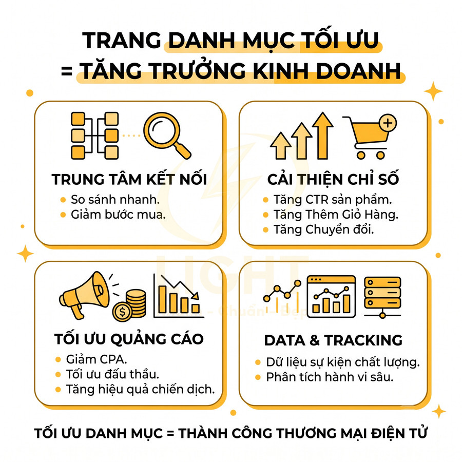 Infographic lợi ích tối ưu trang danh mục: trung tâm kết nối, cải thiện chỉ số, tối ưu quảng cáo, data và tracking cho ecommerce