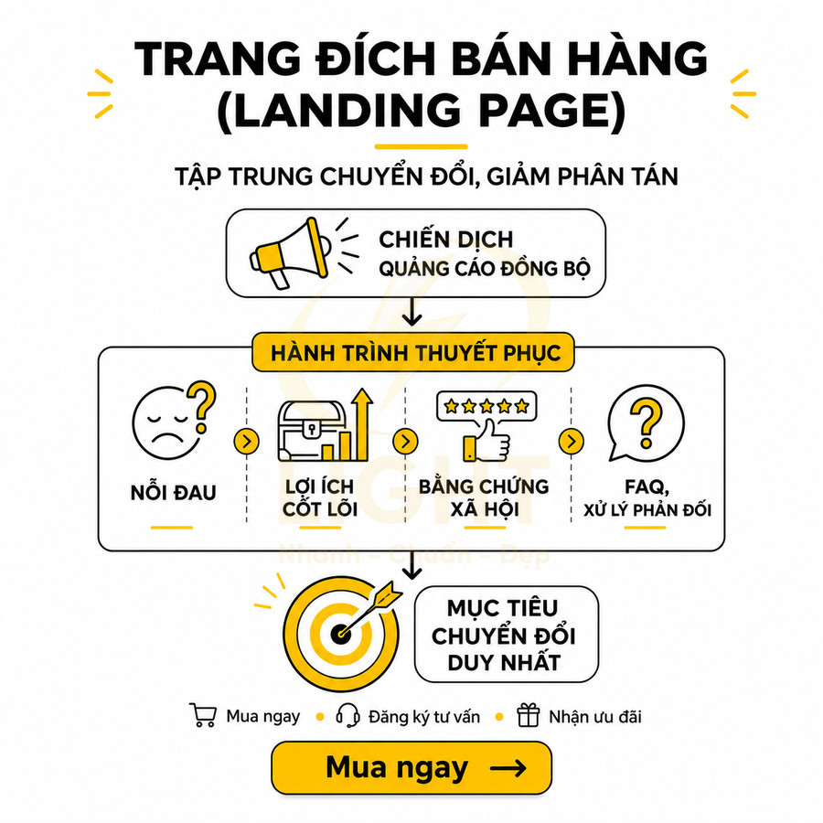 Mô hình landing page bán hàng tập trung chuyển đổi với hành trình thuyết phục và nút kêu gọi hành động mua ngay