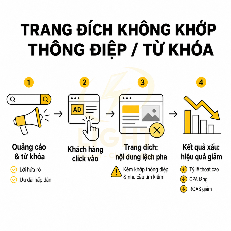 Quy trình minh họa quảng cáo không khớp trang đích làm giảm hiệu quả chiến dịch marketing