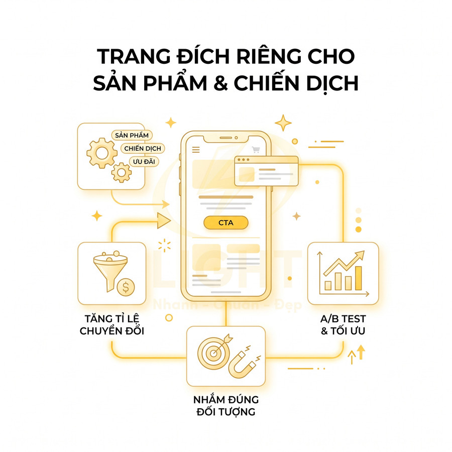Minh họa trang đích sản phẩm trên điện thoại với CTA và các lợi ích tăng chuyển đổi, nhắm đúng đối tượng, A/B test