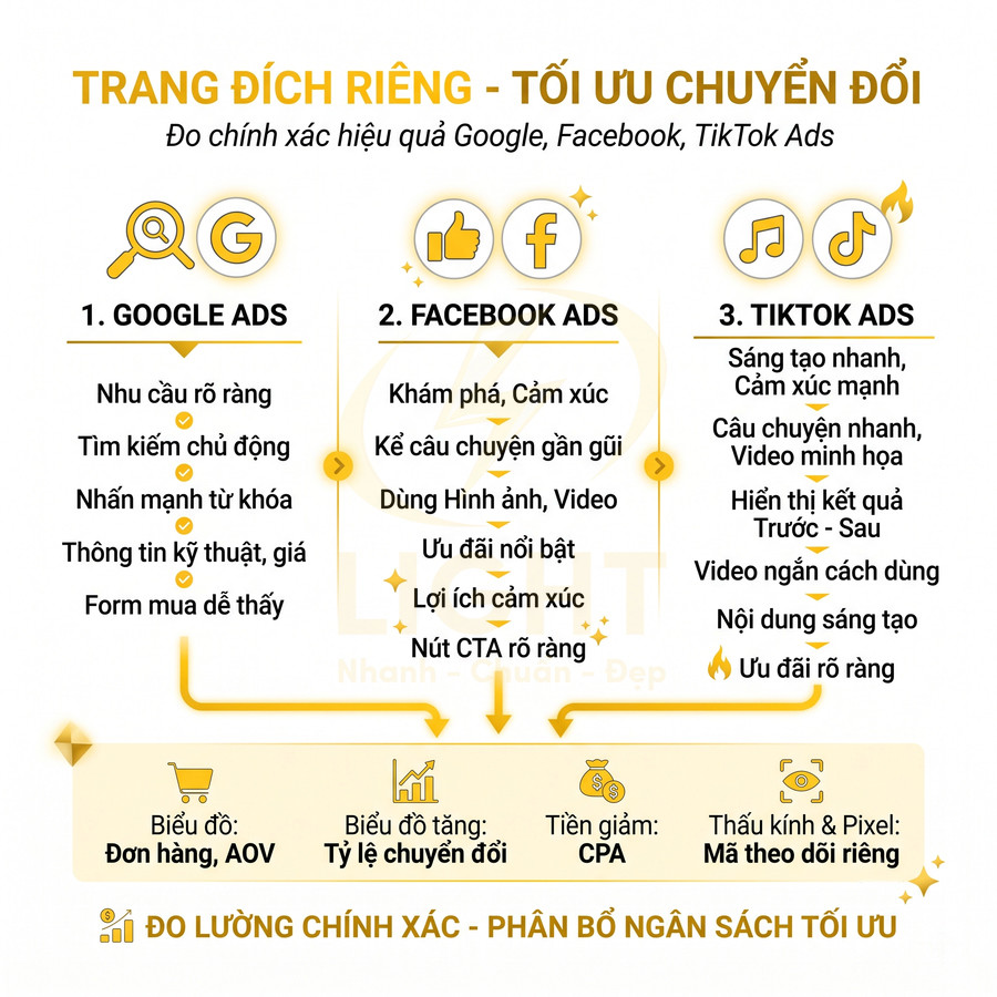 Mô hình so sánh tối ưu chuyển đổi trang đích riêng cho Google Ads, Facebook Ads và TikTok Ads