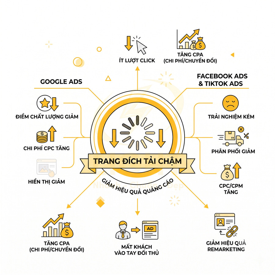 Infographic tác hại trang đích tải chậm đến hiệu quả quảng cáo Google Ads, Facebook Ads và TikTok Ads