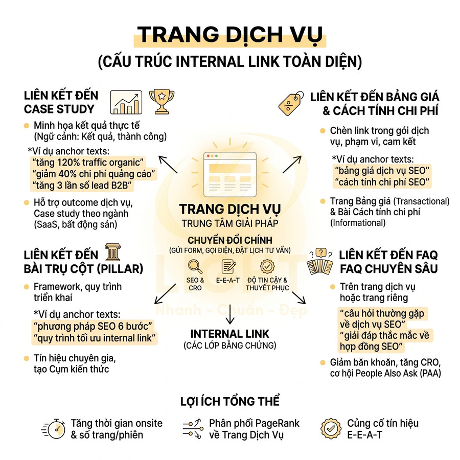 Sơ đồ chiến lược internal link cho trang dịch vụ SEO với liên kết case study, pillar, bảng giá và FAQ