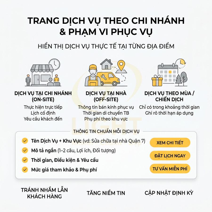 Mô tả các gói dịch vụ tại chi nhánh, tại nhà và theo mùa chiến dịch với thông tin chi tiết và nút đặt lịch
