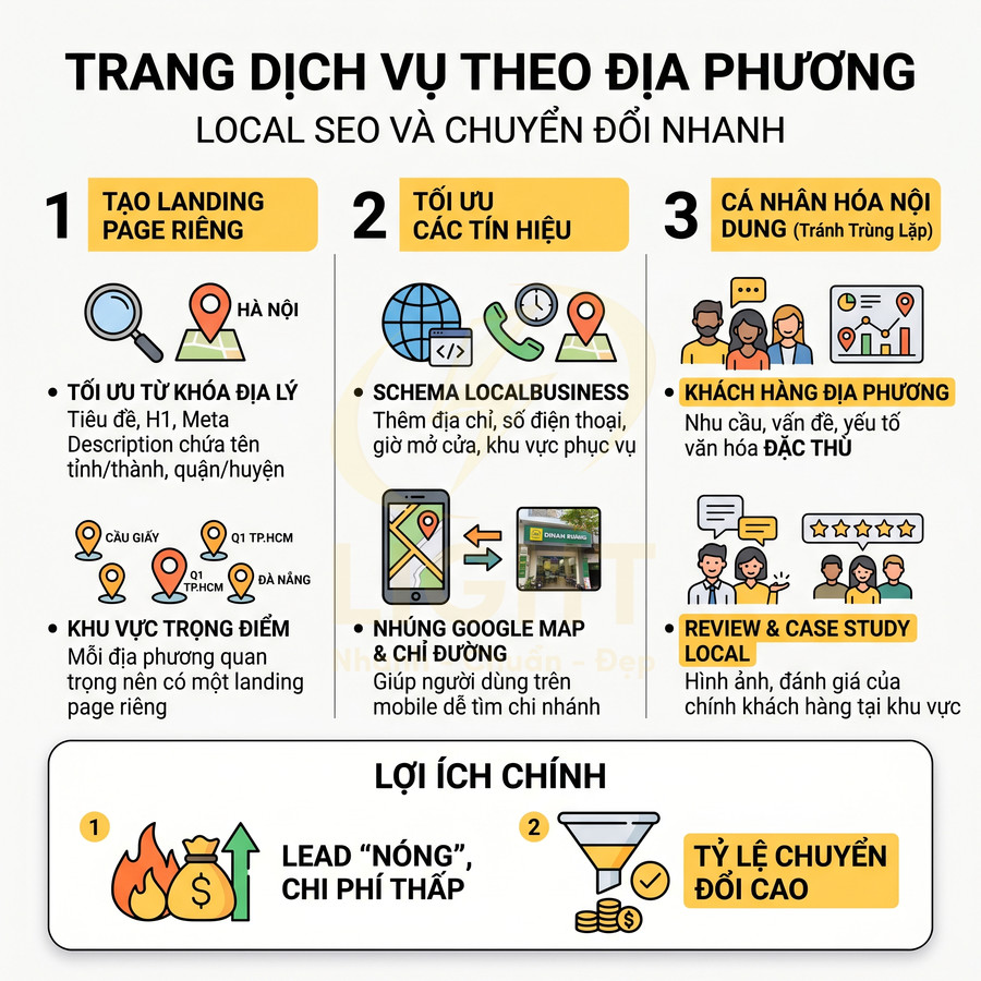 Infographic hướng dẫn tối ưu trang dịch vụ theo địa phương cho Local SEO và tăng tỷ lệ chuyển đổi