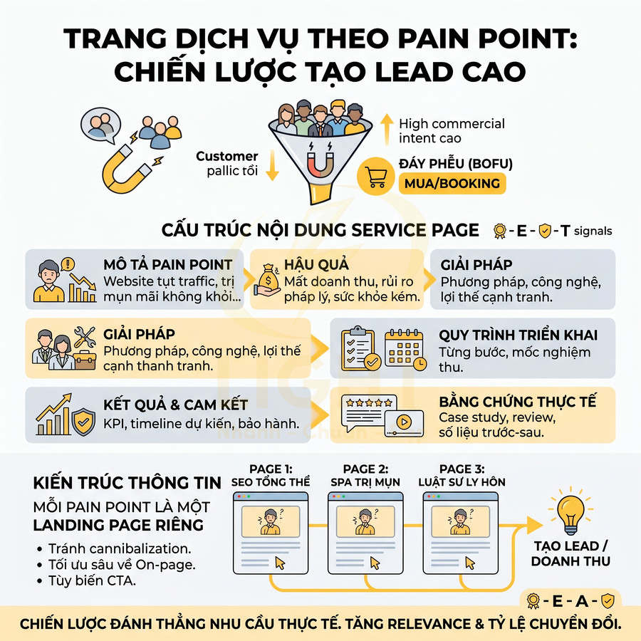 Infographic chiến lược xây dựng trang dịch vụ theo pain point để tăng lead và doanh thu marketing