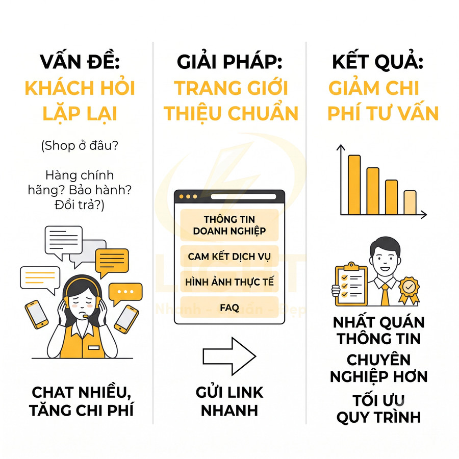 Mô tả lợi ích trang giới thiệu chuẩn giúp giảm chat lặp lại, tối ưu quy trình và chi phí tư vấn cho doanh nghiệp