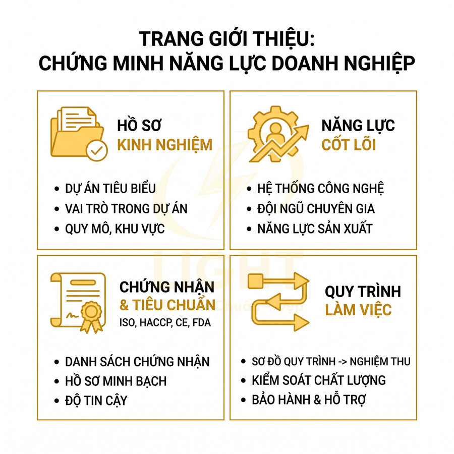 Trang giới thiệu chứng minh năng lực doanh nghiệp với bốn mục hồ sơ kinh nghiệm, năng lực cốt lõi, chứng nhận và quy trình làm việc