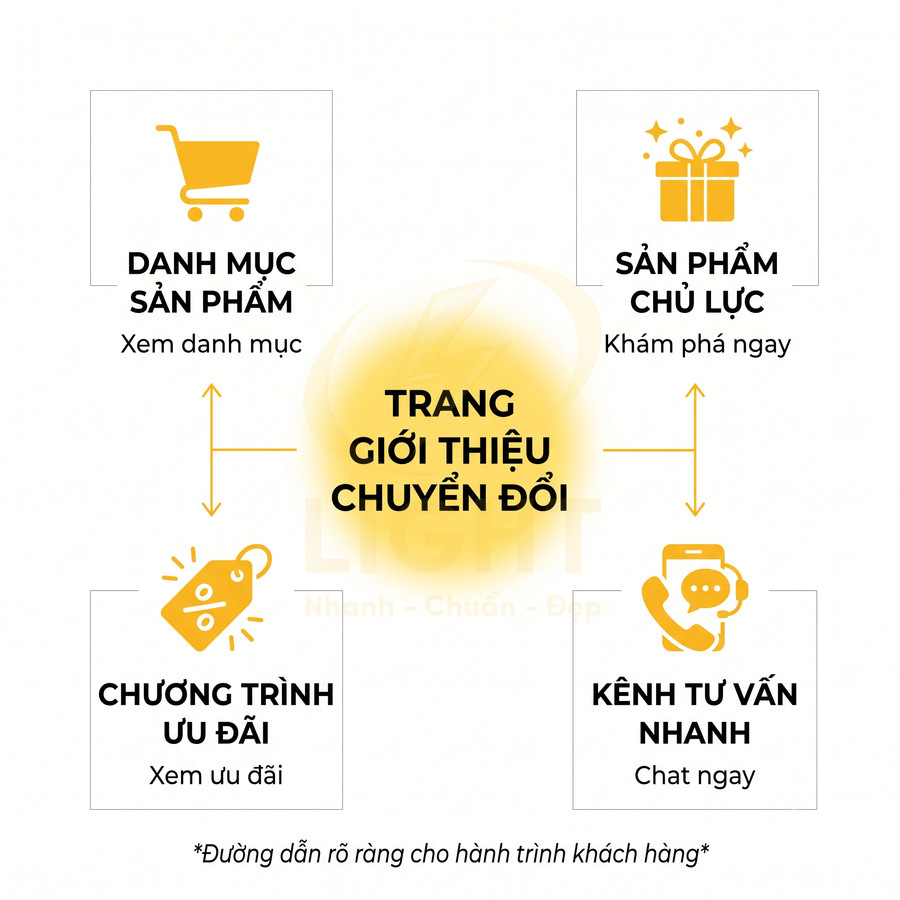 Sơ đồ trang giới thiệu chuyển đổi với danh mục sản phẩm, sản phẩm chủ lực, chương trình ưu đãi và kênh tư vấn nhanh