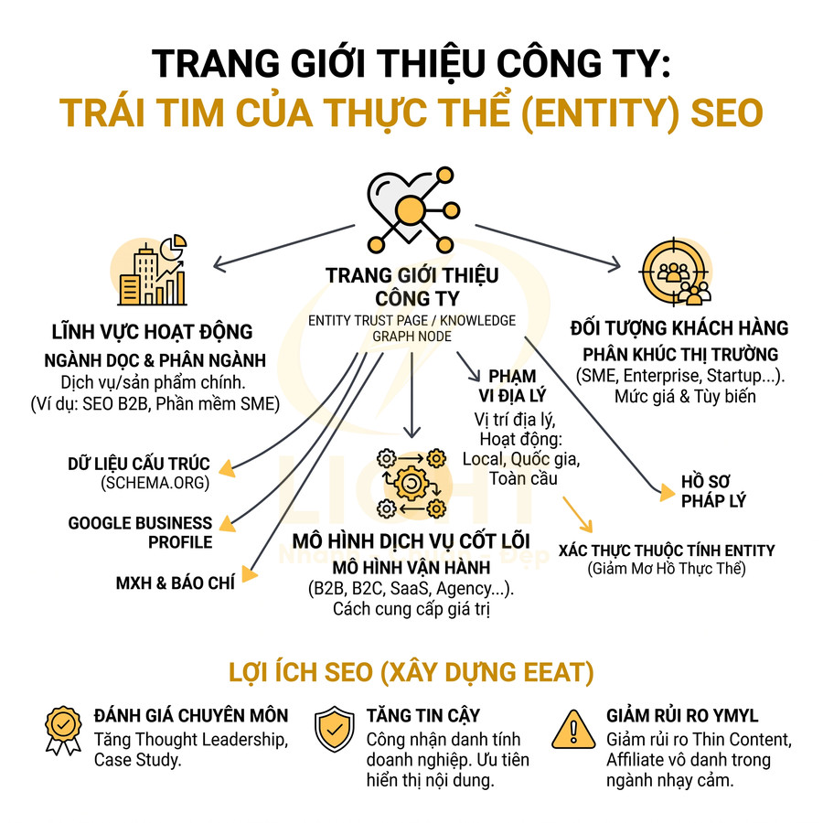 Infographic về trang giới thiệu công ty là trái tim của thực thể SEO và lợi ích xây dựng EEAT