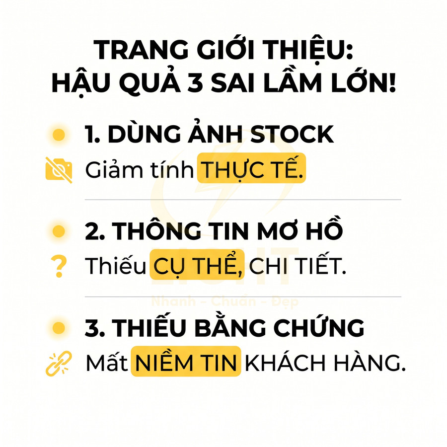 Trang giới thiệu website nêu 3 hậu quả lớn: dùng ảnh stock, thông tin mơ hồ, thiếu bằng chứng gây mất niềm tin