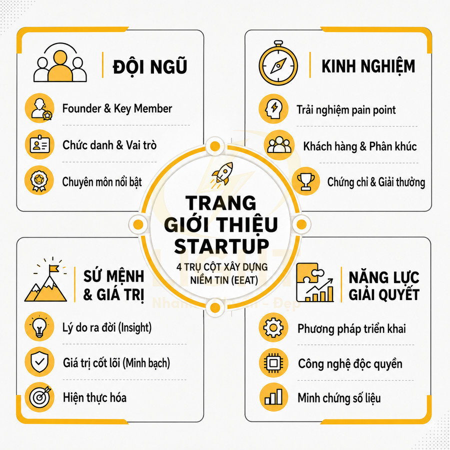 Infographic 4 trụ cột xây dựng trang giới thiệu startup gồm đội ngũ, kinh nghiệm, sứ mệnh và năng lực giải quyết