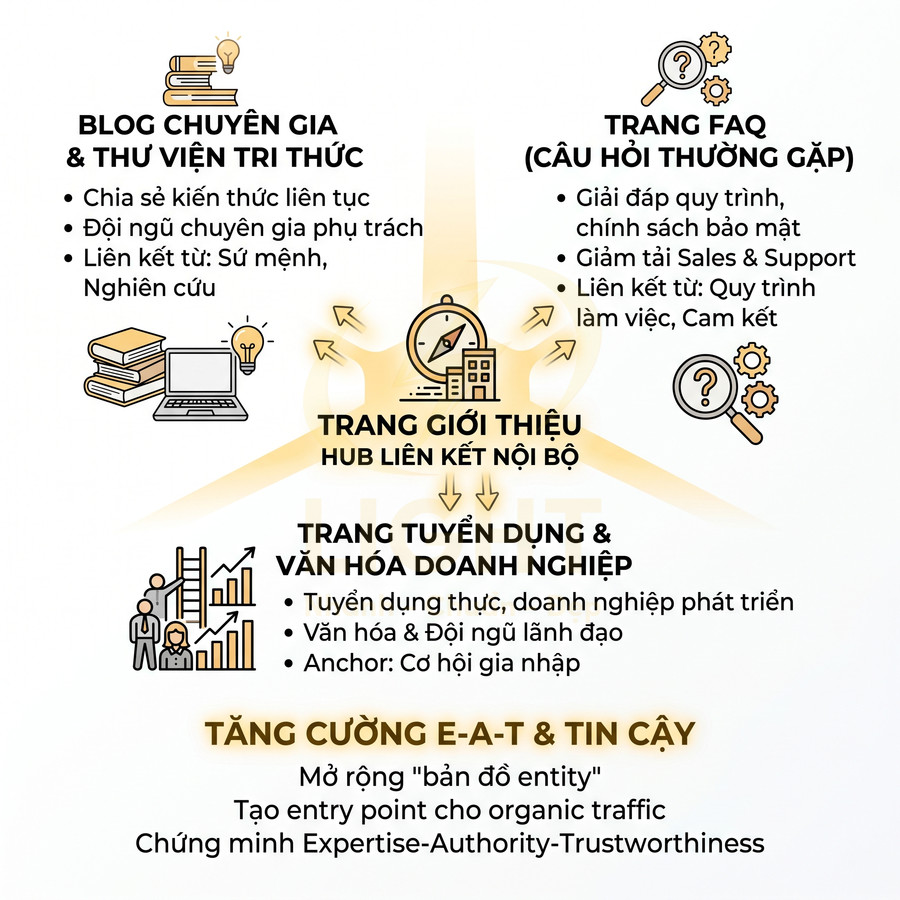 Infographic chiến lược nội dung website với blog, FAQ, trang giới thiệu, tuyển dụng để tăng EAT và độ tin cậy doanh nghiệp
