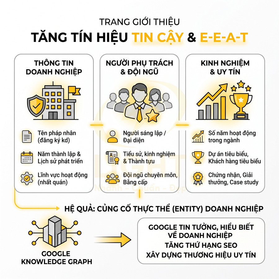 Infographic hướng dẫn tối ưu trang giới thiệu doanh nghiệp để tăng tín hiệu tin cậy và E-E-A-T cho SEO
