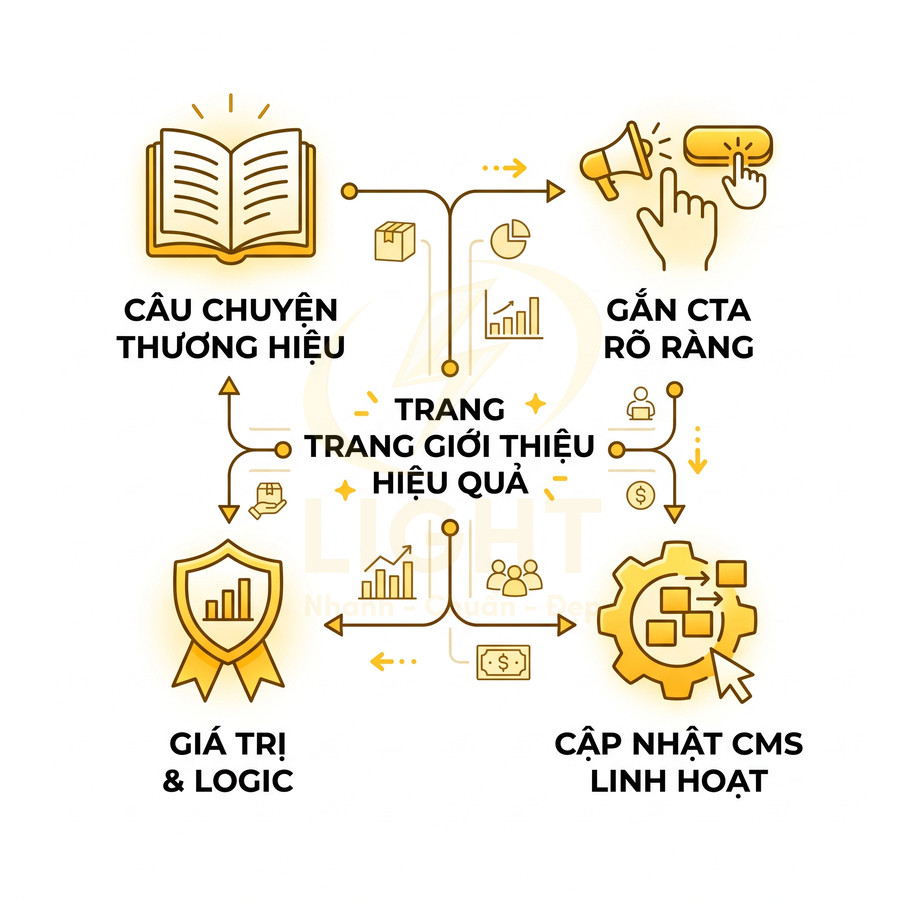Minh họa các yếu tố xây dựng trang giới thiệu hiệu quả với icon thương hiệu, CTA, giá trị và cập nhật CMS linh hoạt