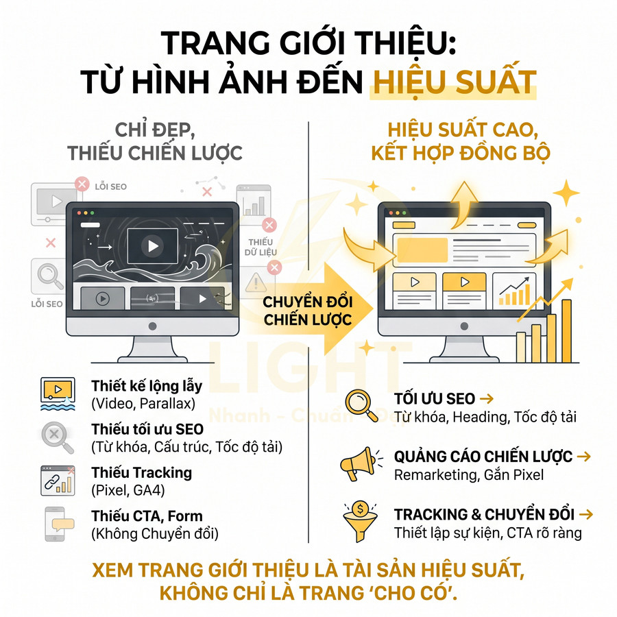 So sánh trang giới thiệu chỉ đẹp thiếu chiến lược với trang tối ưu SEO, tracking và chuyển đổi hiệu suất cao