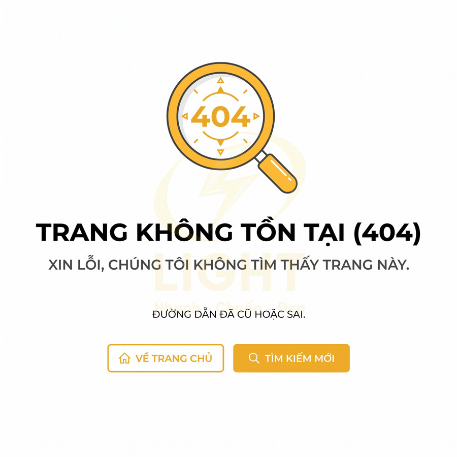 Giao diện thông báo lỗi 404 trang không tồn tại với biểu tượng kính lúp và nút về trang chủ