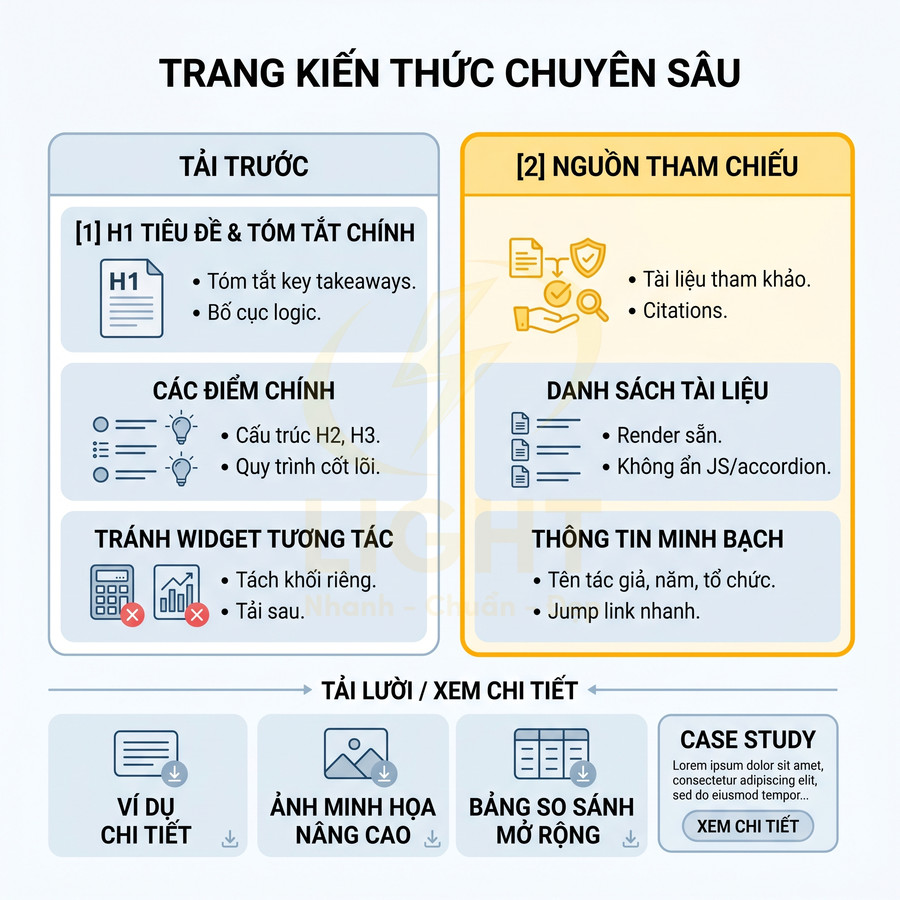 Infographic hướng dẫn cấu trúc trang kiến thức chuyên sâu với H1, điểm chính, nguồn tham chiếu và tài liệu minh họa