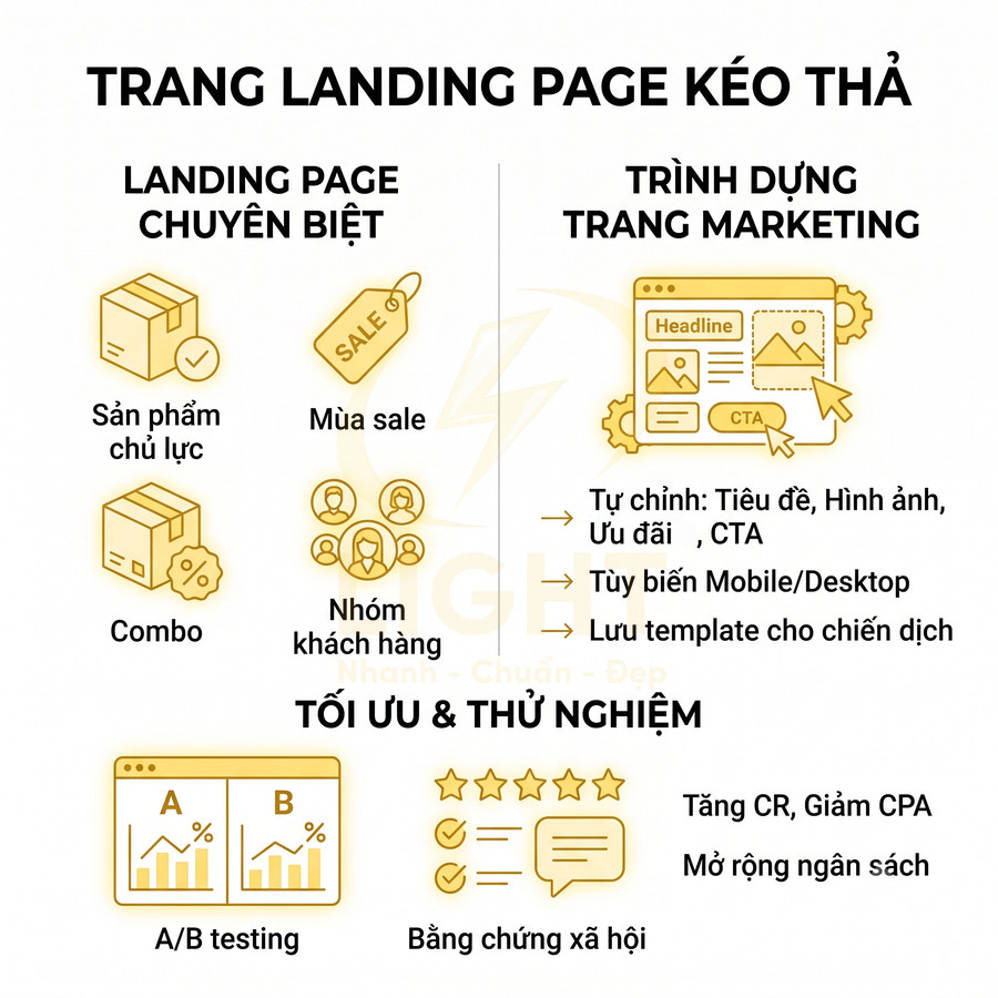 Mô tả lợi ích trang landing page kéo thả cho sản phẩm, chiến dịch marketing và tối ưu chuyển đổi