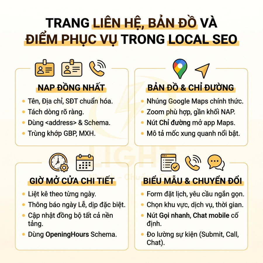 Hướng dẫn tối ưu trang liên hệ, bản đồ và điểm phục vụ trong Local SEO với NAP, giờ mở cửa, biểu mẫu chuyển đổi