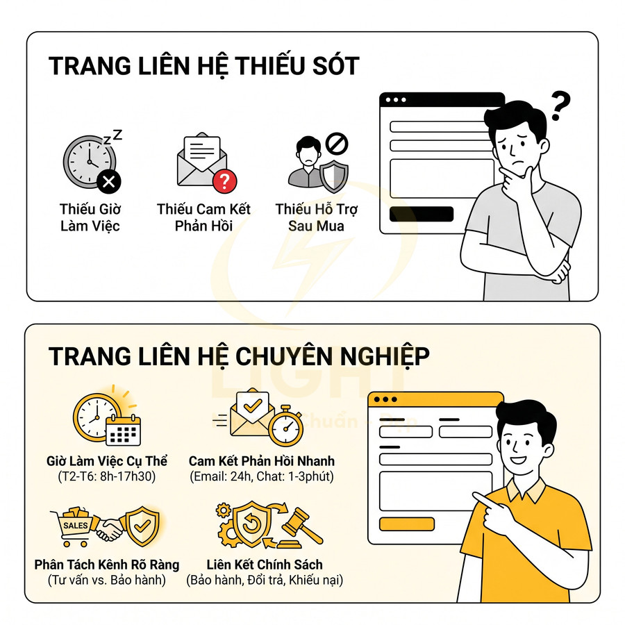 So sánh trang liên hệ thiếu sót và trang liên hệ chuyên nghiệp với các tiêu chí hỗ trợ khách hàng