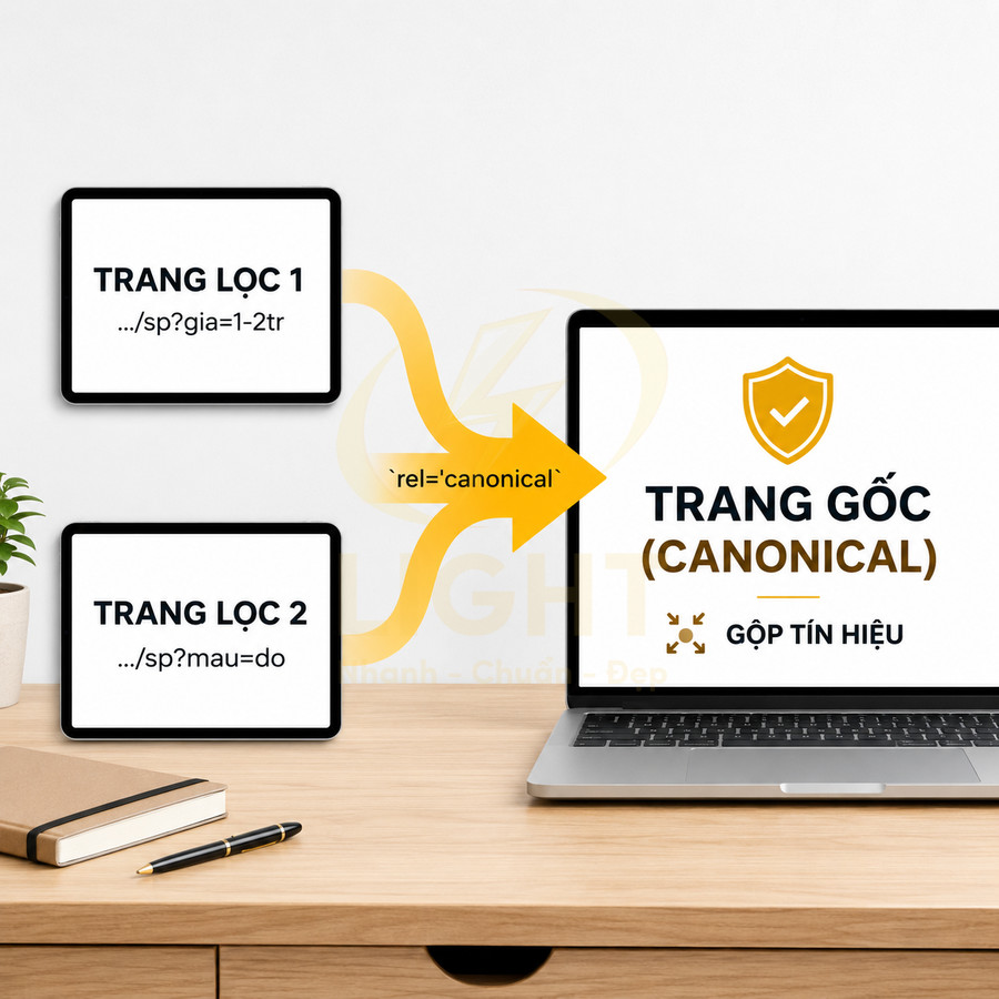 Minh họa thẻ canonical gom tín hiệu SEO từ trang lọc về trang gốc trên màn hình laptop