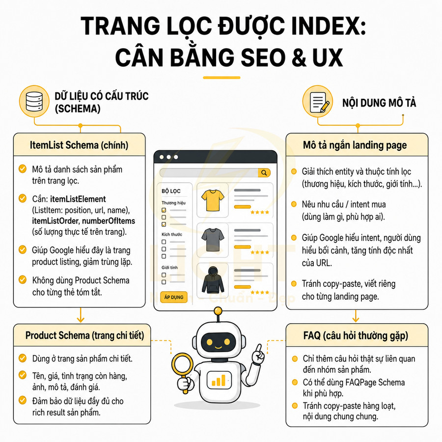 Hướng dẫn tối ưu trang lọc sản phẩm được index cân bằng SEO và UX với schema, mô tả, FAQ