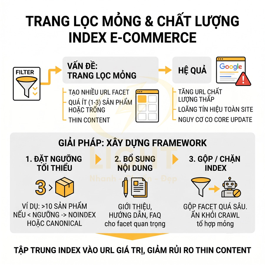 Infographic hướng dẫn xử lý trang lọc mỏng và tối ưu chất lượng index SEO cho website e commerce