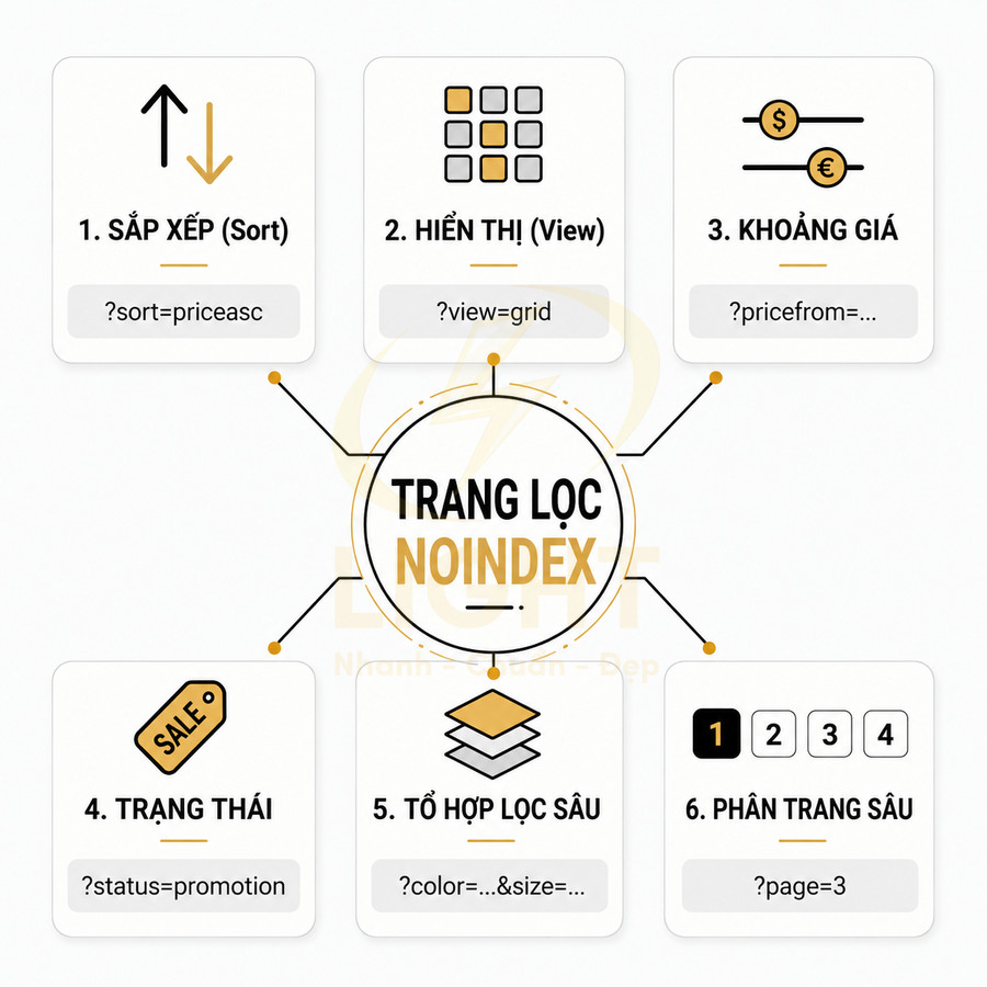 Sơ đồ các bộ lọc trang sản phẩm gồm sắp xếp, hiển thị, khoảng giá, trạng thái, tổ hợp lọc sâu và phân trang