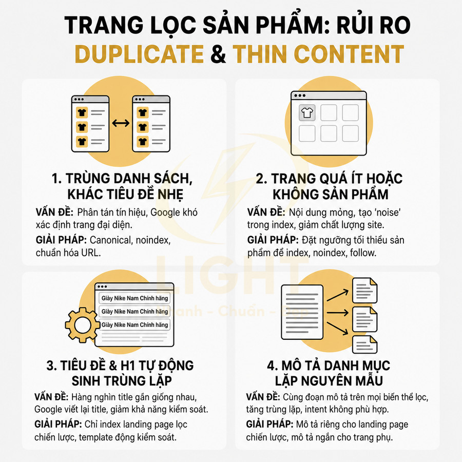 Trang lọc sản phẩm ecommerce cảnh báo rủi ro duplicate thin content và giải pháp tối ưu SEO
