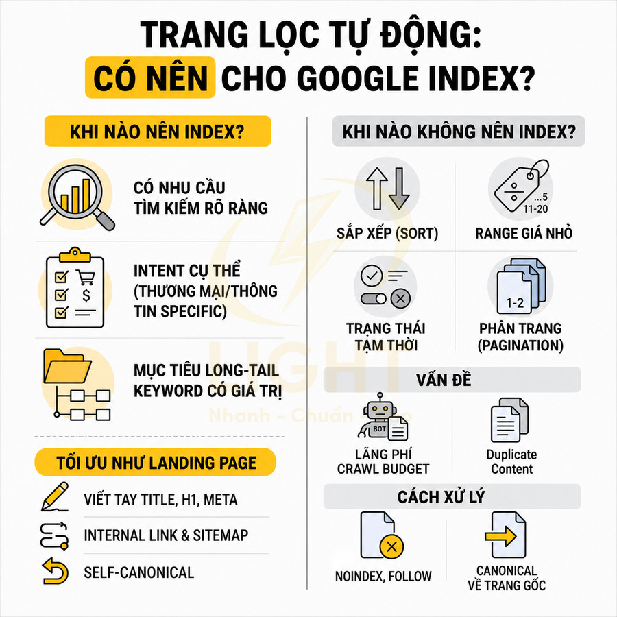 Infographic hướng dẫn có nên cho trang lọc tự động index Google, tiêu chí nên và không nên index, cách xử lý SEO