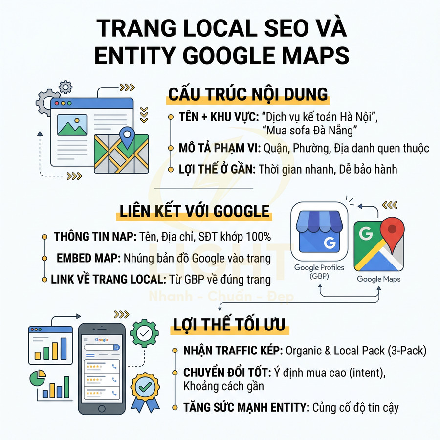 Hướng dẫn tối ưu trang Local SEO và entity Google Maps với cấu trúc nội dung, liên kết Google và lợi ích traffic