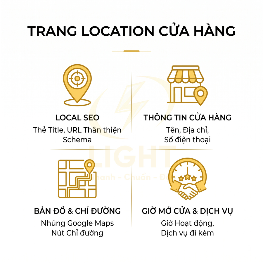Trang location cửa hàng với icon local SEO, thông tin cửa hàng, bản đồ chỉ đường, giờ mở cửa và dịch vụ