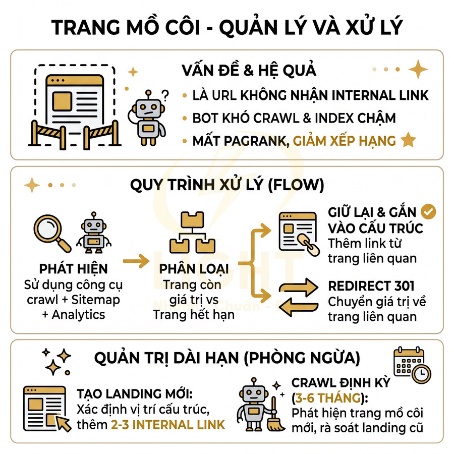 Hướng dẫn quản lý và xử lý trang mồ côi trong SEO với quy trình phát hiện, phân loại, redirect 301 và tối ưu internal link