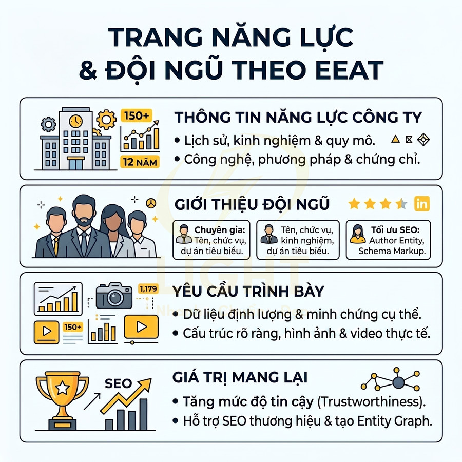 Infographic hướng dẫn xây dựng trang năng lực và đội ngũ chuẩn EEAT để tăng độ tin cậy và hỗ trợ SEO