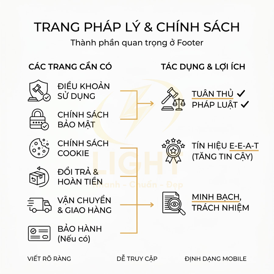 Hướng dẫn các trang pháp lý và chính sách cần có ở footer website và tác dụng lợi ích tương ứng