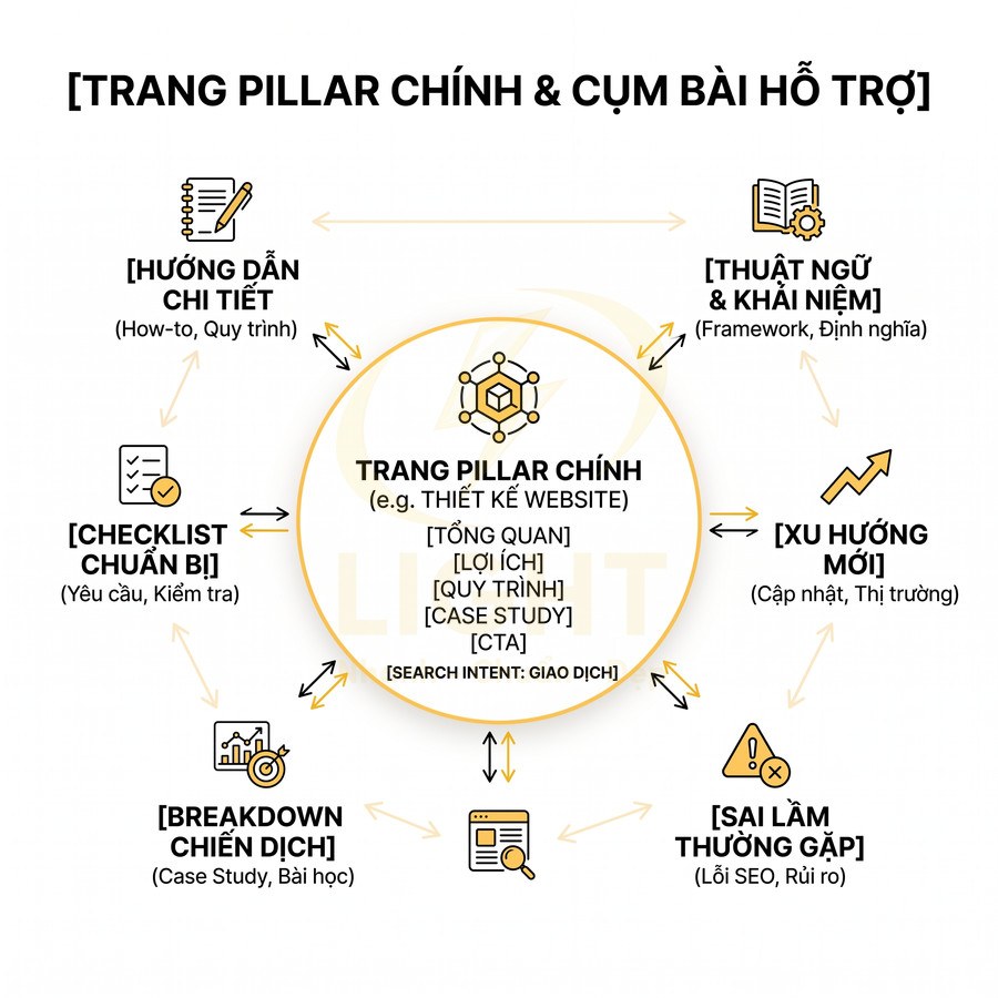 Mô hình trang pillar chính và cụm bài hỗ trợ trong chiến lược nội dung SEO tiếng Việt