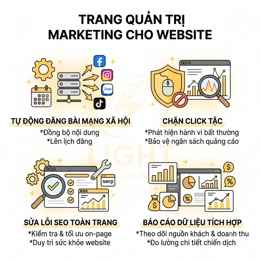 Trang quản trị marketing cho website với tính năng đăng bài mạng xã hội, chặn click tặc, sửa lỗi SEO và báo cáo dữ liệu