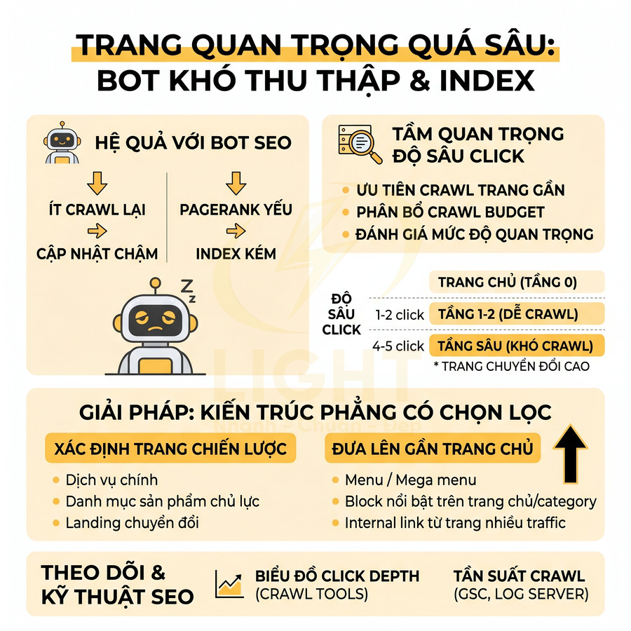 Infographic hướng dẫn tối ưu độ sâu click và kiến trúc website phẳng để cải thiện crawl và index SEO
