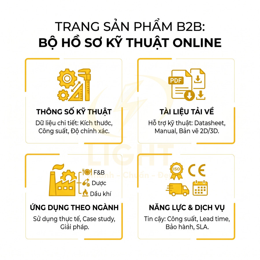 Trang sản phẩm B2B giới thiệu bộ hồ sơ kỹ thuật online với thông số, tài liệu tải về, ứng dụng ngành và năng lực dịch vụ