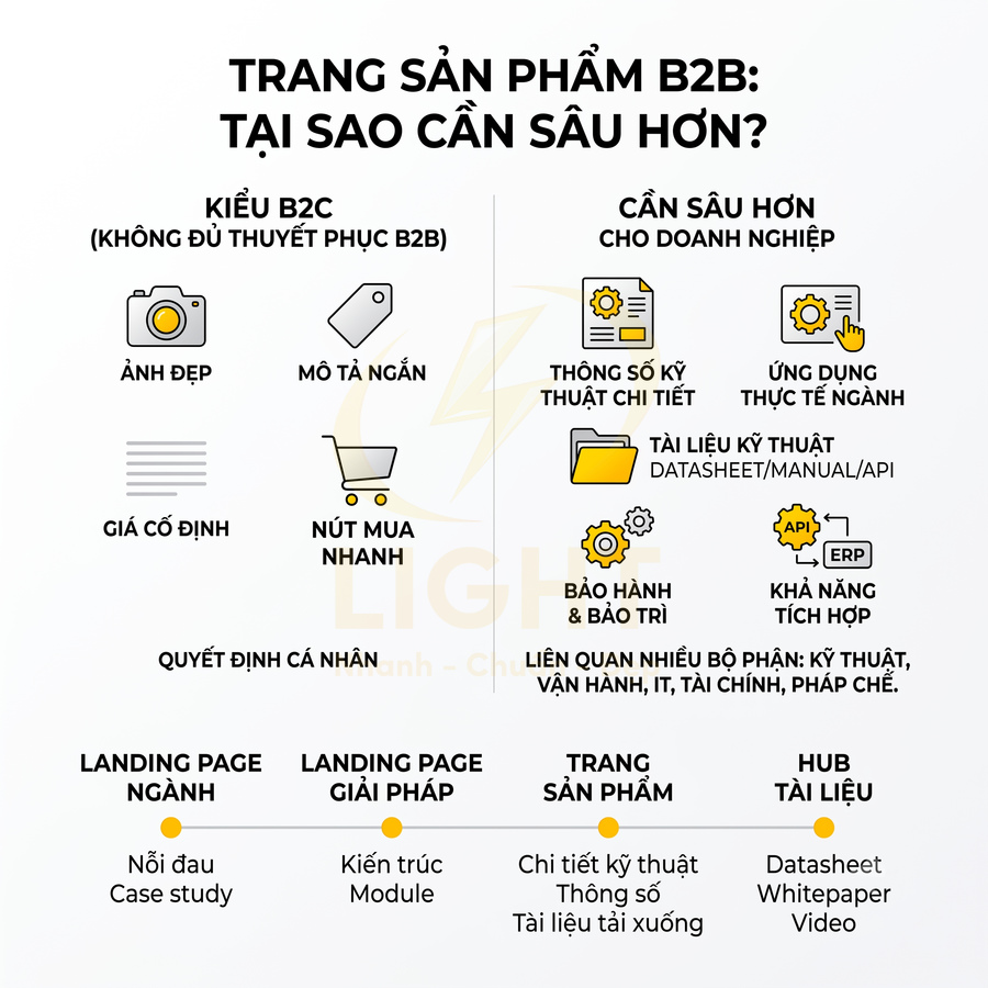 Infographic so sánh trang sản phẩm B2B và B2C, nhấn mạnh yêu cầu nội dung kỹ thuật sâu cho doanh nghiệp