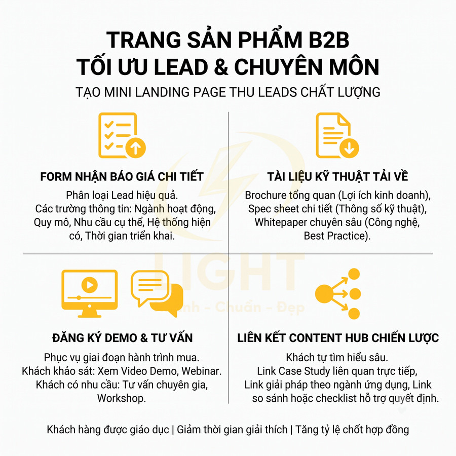 Mẫu trang sản phẩm B2B tối ưu lead với form báo giá, tài liệu kỹ thuật, đăng ký demo và liên kết content hub
