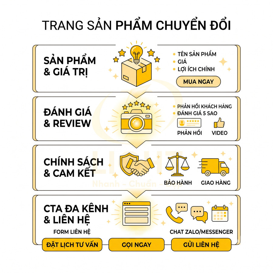 Infographic hướng dẫn tối ưu trang sản phẩm chuyển đổi với giá trị, review, chính sách và CTA đa kênh