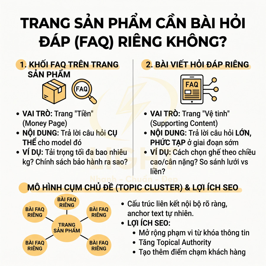 Infographic hướng dẫn tạo FAQ cho trang sản phẩm và bài viết riêng, mô hình topic cluster và lợi ích SEO