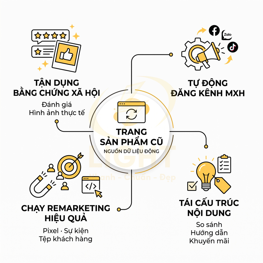 Mô hình tận dụng trang sản phẩm cũ để chứng thực xã hội, đăng kênh mạng xã hội, remarketing và tái cấu trúc nội dung