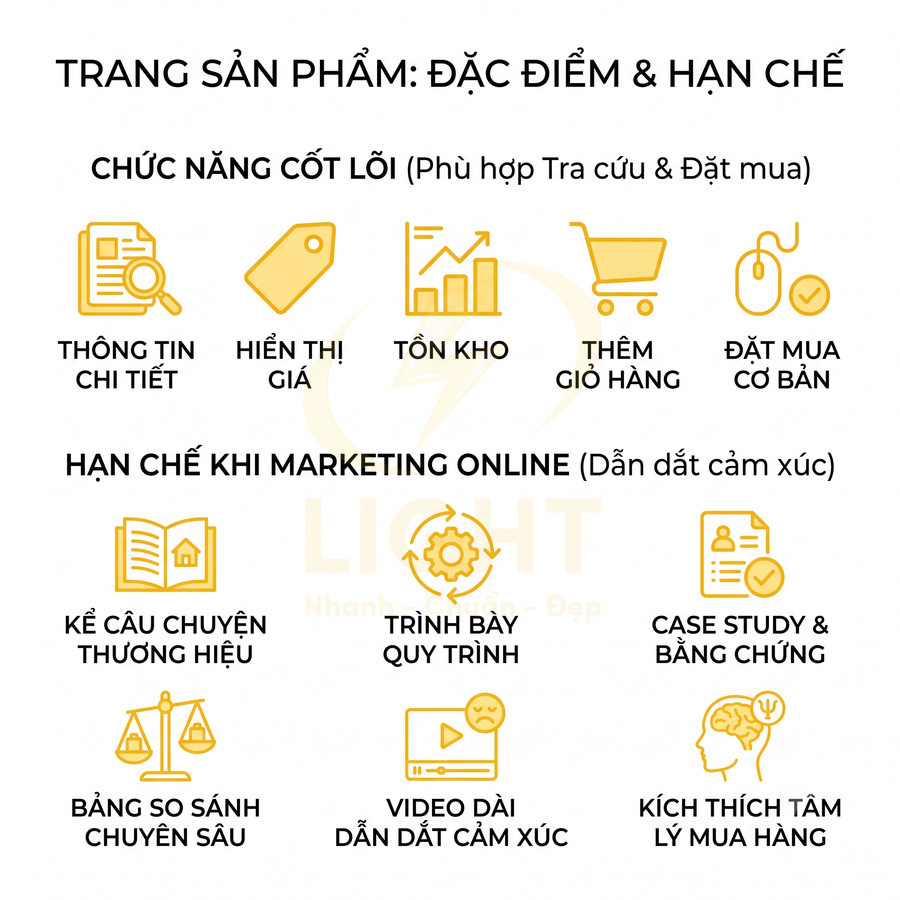 Infographic đặc điểm và hạn chế trang sản phẩm khi marketing online với các chức năng cốt lõi và giới hạn cảm xúc