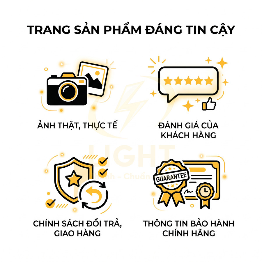 Trang sản phẩm đáng tin cậy với ảnh thật, đánh giá khách hàng, chính sách đổi trả giao hàng và bảo hành chính hãng