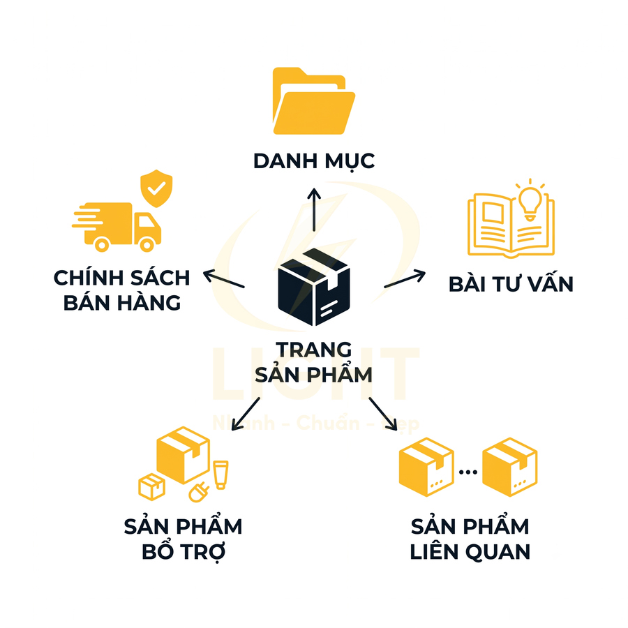 Sơ đồ trang sản phẩm kết nối danh mục, bài tư vấn, chính sách bán hàng, sản phẩm bổ trợ và sản phẩm liên quan