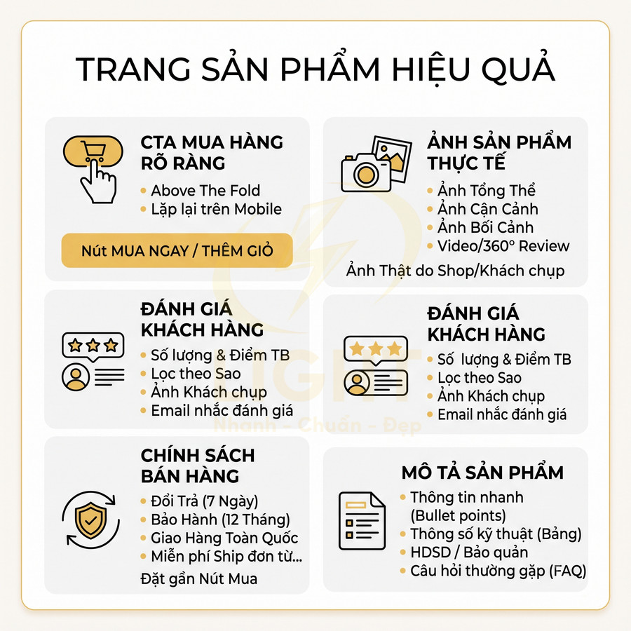 Checklist tối ưu trang sản phẩm hiệu quả với CTA rõ ràng, ảnh thực tế, đánh giá khách hàng và chính sách bán hàng